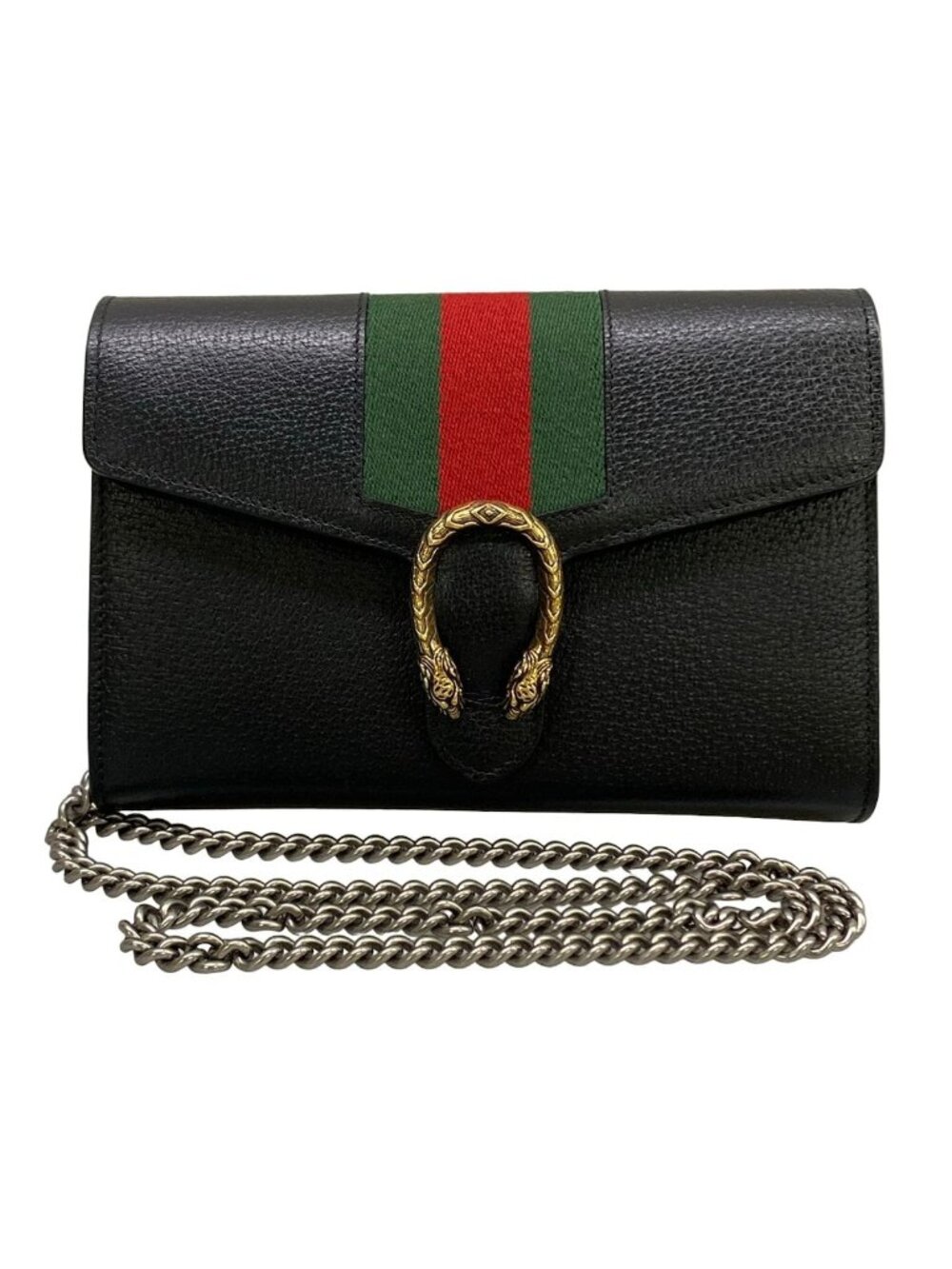 Gucci Wallet Dionysus Black Green Multi Chain Shoulder Bag Leather